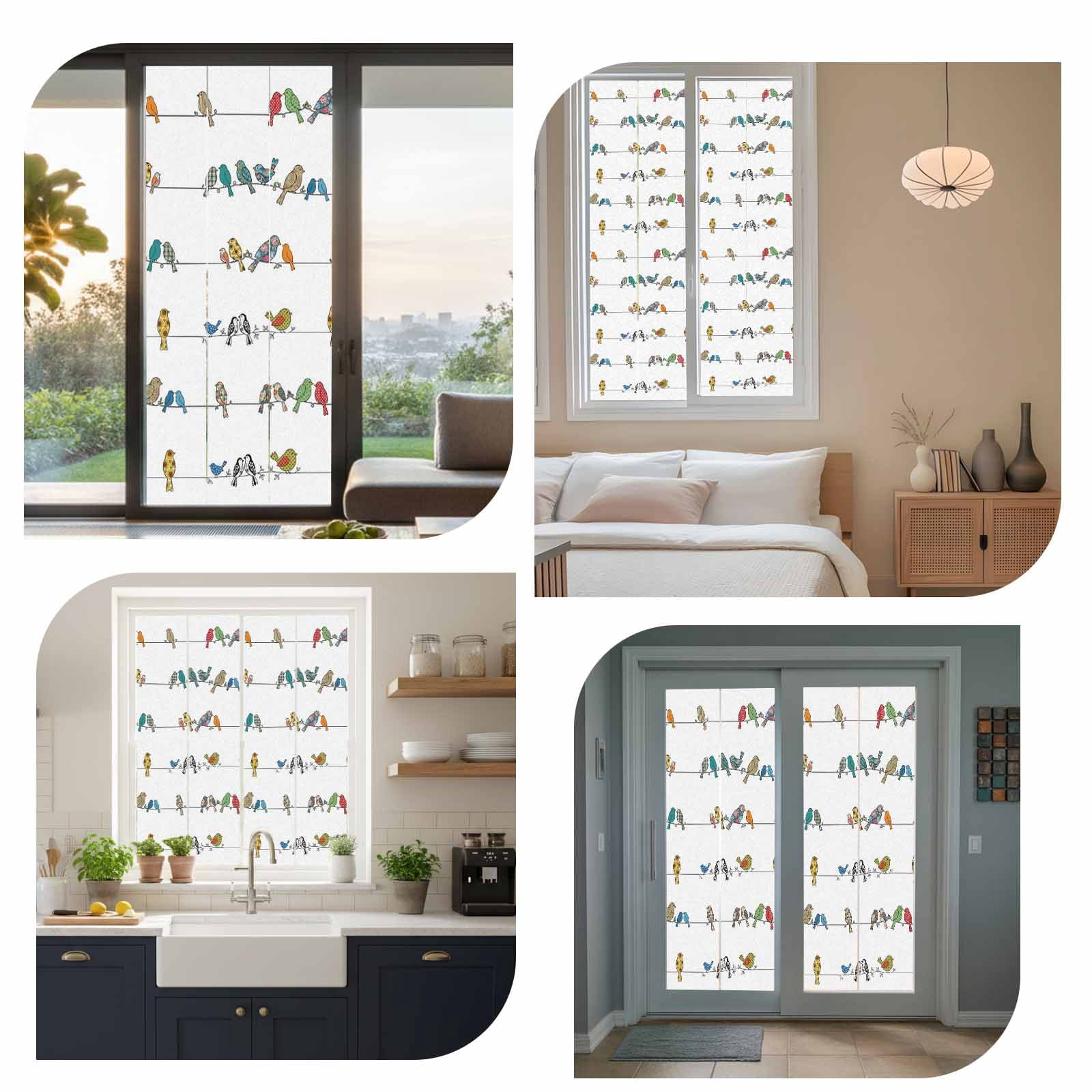 Abstract Bird Window Privacy Film, Cartoon Green Blue Red Orange Bird Stripes Frosted Glass Window Clings Static Cling UV Heat Blocking Reusable Door Sticker for Bathroom 23.6 x 59 Inch