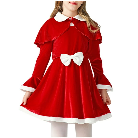 Favoffer Girls' Christmas Red Velvet Dress Toddler Long Sleeve Round Neck with Shawl Cape Mid-Calf Dress for Festive Joyful Celebration Outfit 2-11Y