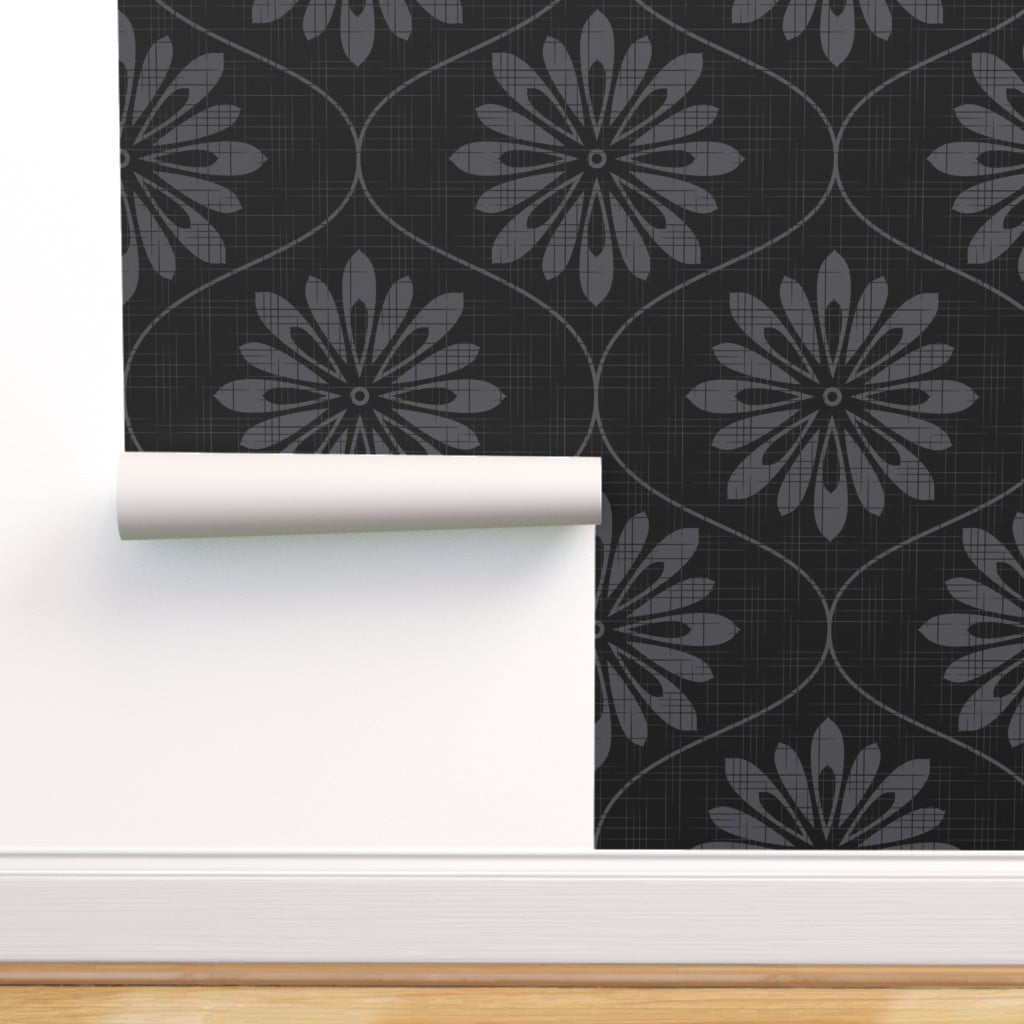 Peel & Stick Wallpaper Swatch - Flower Texture Black Floral Retro Big 60S  Mod Custom Removable Wallpaper by Spoonflower 