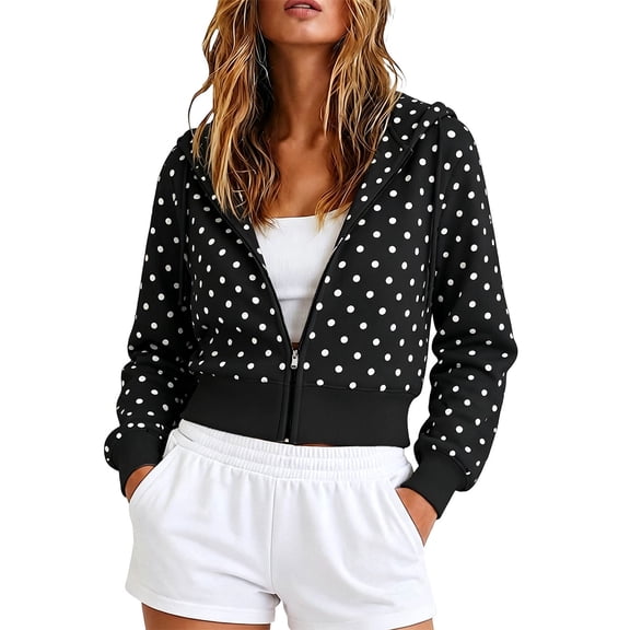 Bibifish Womens Jackets Zip Up Vintage Y2K Polka Dot Cropped Fleece Hooded Sweatshirts Cropped Hoodies