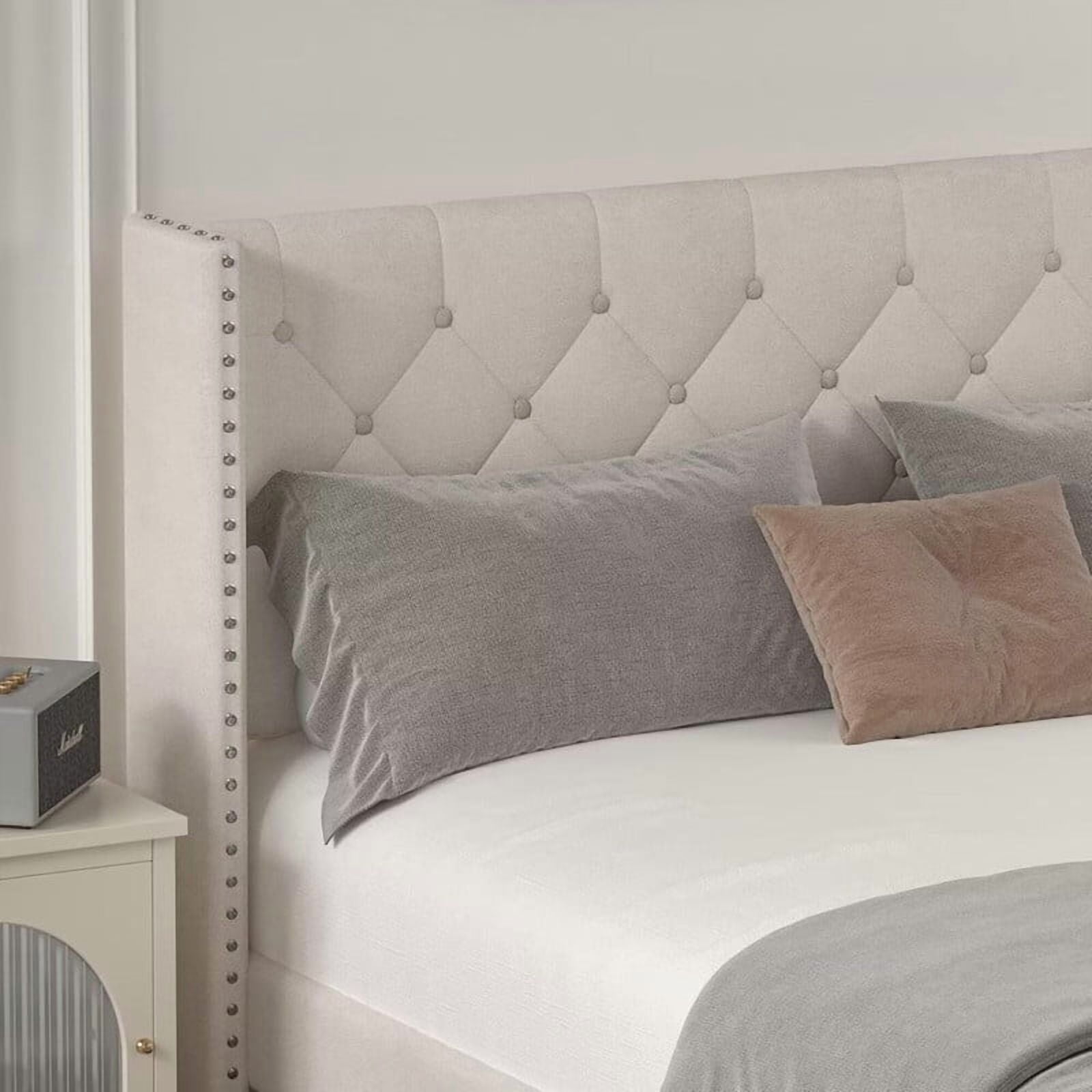 Full Size Upholstered Platform Bed Frame with Wingback Headboard, Diamond Tufting, and LED Lights - Wood Slat Support, No Box Spring Needed, Easy Assembly, Noise-Free, Beige