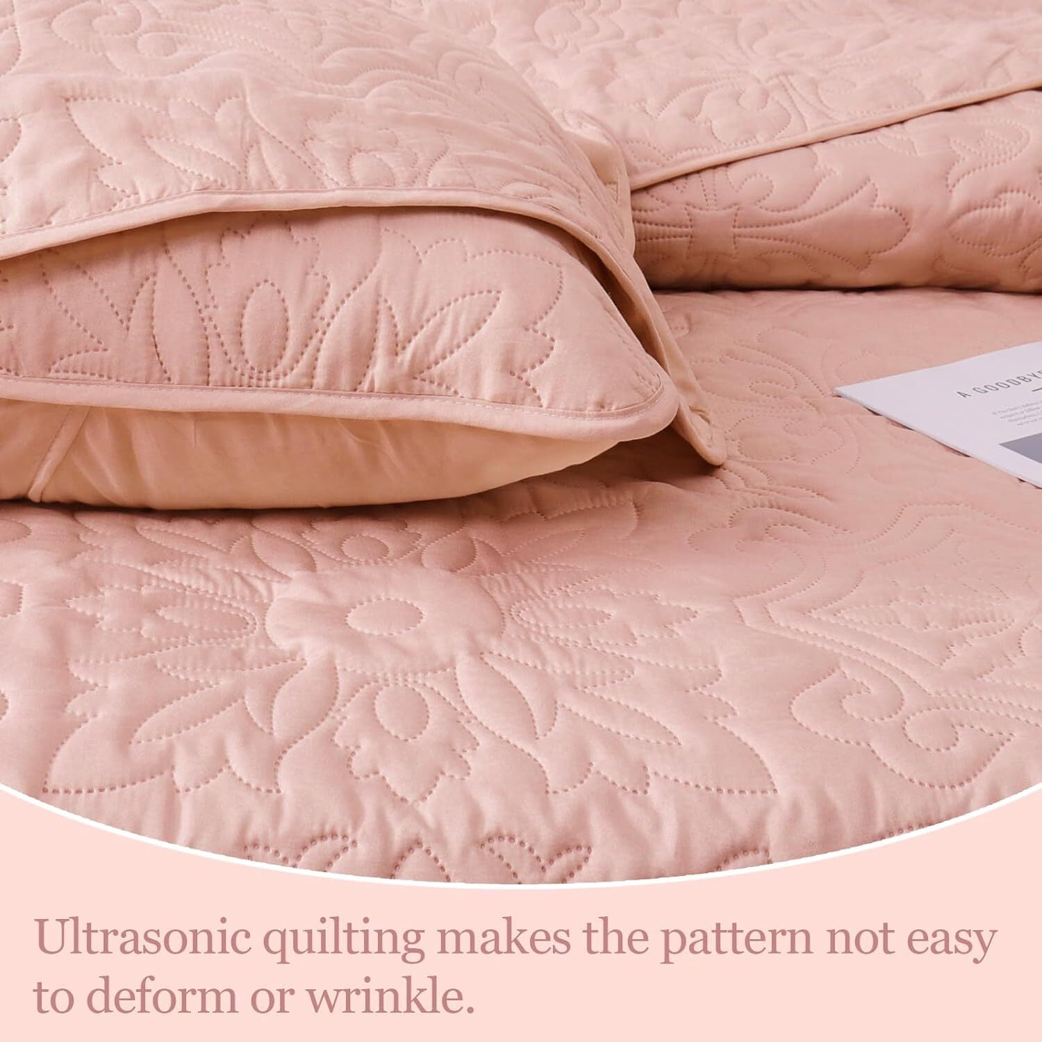 Whale Flotilla 3-Piece Queen Quilt Set, Soft Embossed Bedding Set, Lightweight Bedspread Coverlet with Damask Vintage Pattern, Reversible Bed Cover for All Seasons, BlushPink