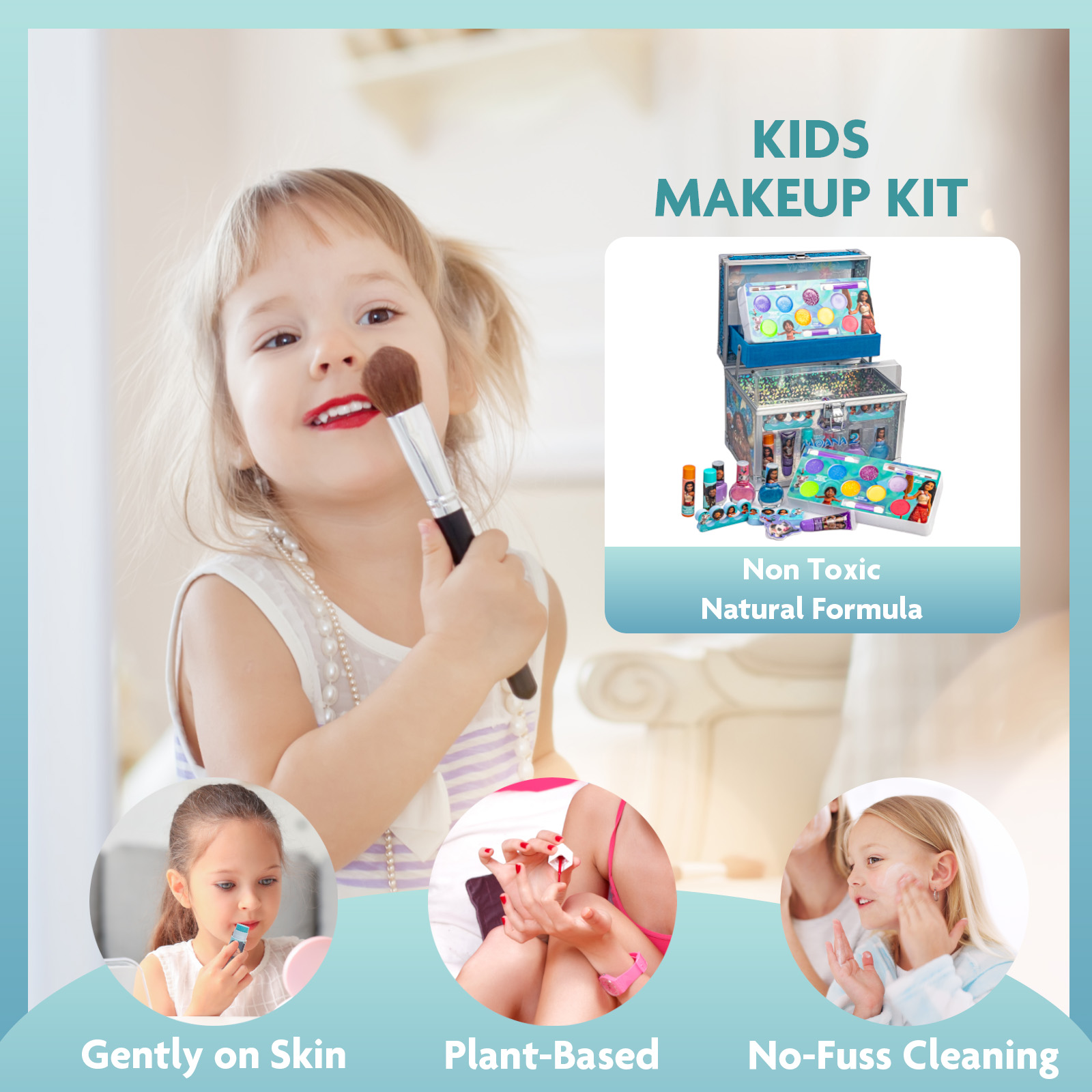 Moana 2 Kids Makeup Kit Train Case Beauty Set, Washable Play Makeup Set for Kids