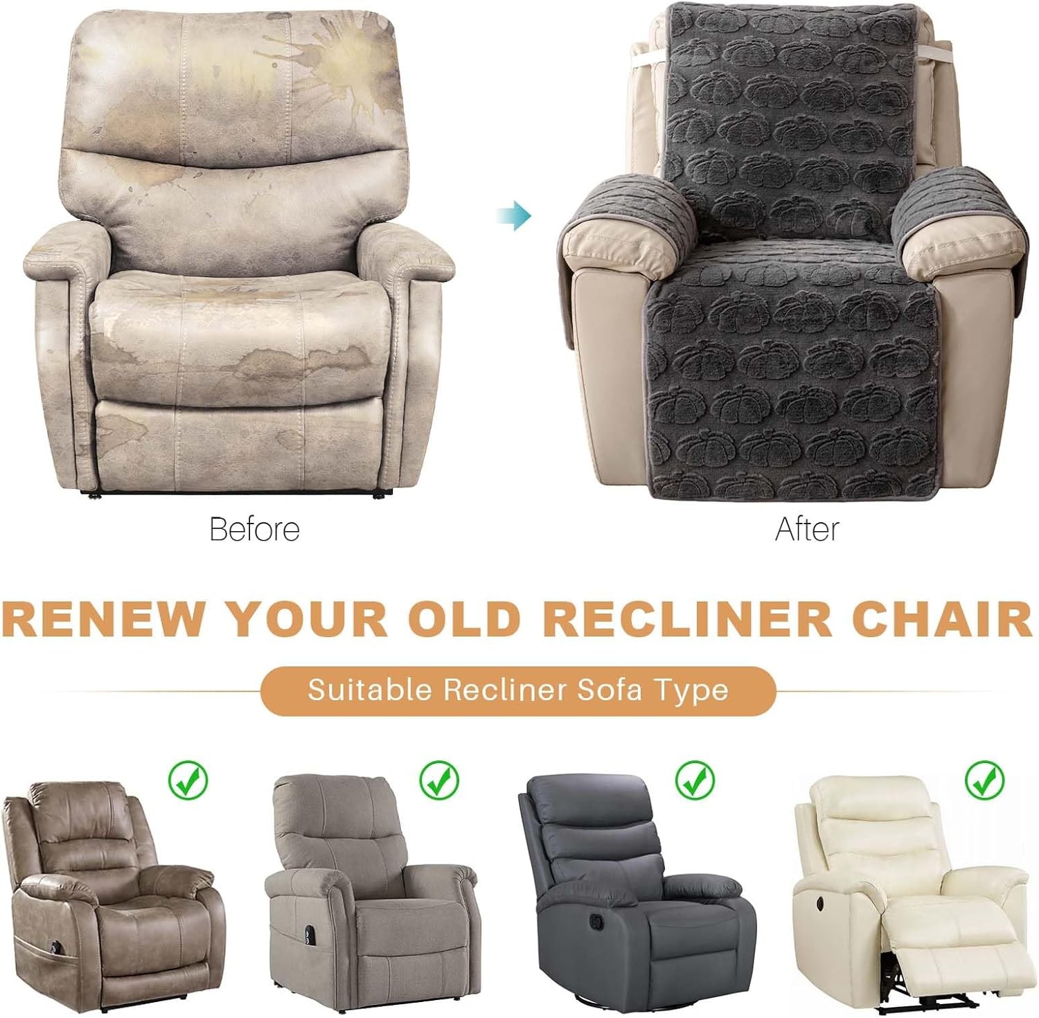 TOPCHANCES Plush Recliner Chair Cover, Faux Rabbit Fur 1-Seater Sofa Cover, Washable Armchair Protector with Adjustable Elastic Belt for 23 Inches Recliner (Gray)
