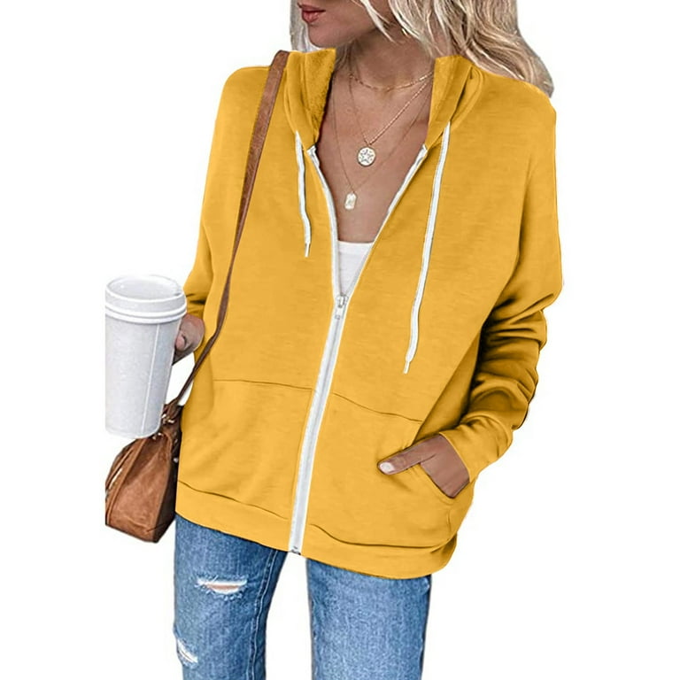 Dezsed Lightweight Zip Up Hoodies for Women Hooded Sweatshirts Long Sleeve Thin Jacket with Zipper On Clearance Yellow B L Women s Size Large