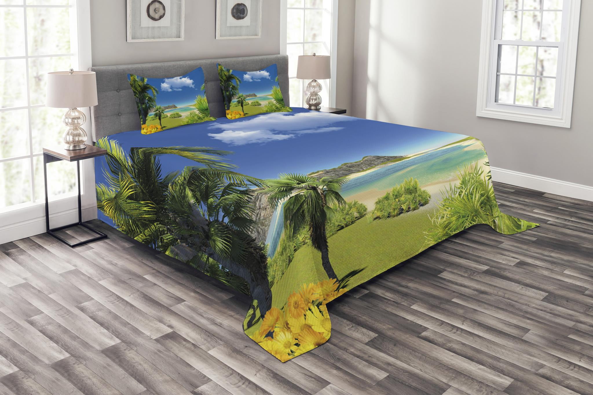 Tropical Bedspread Set King Size, Paradise Beach with Palm Trees in ...