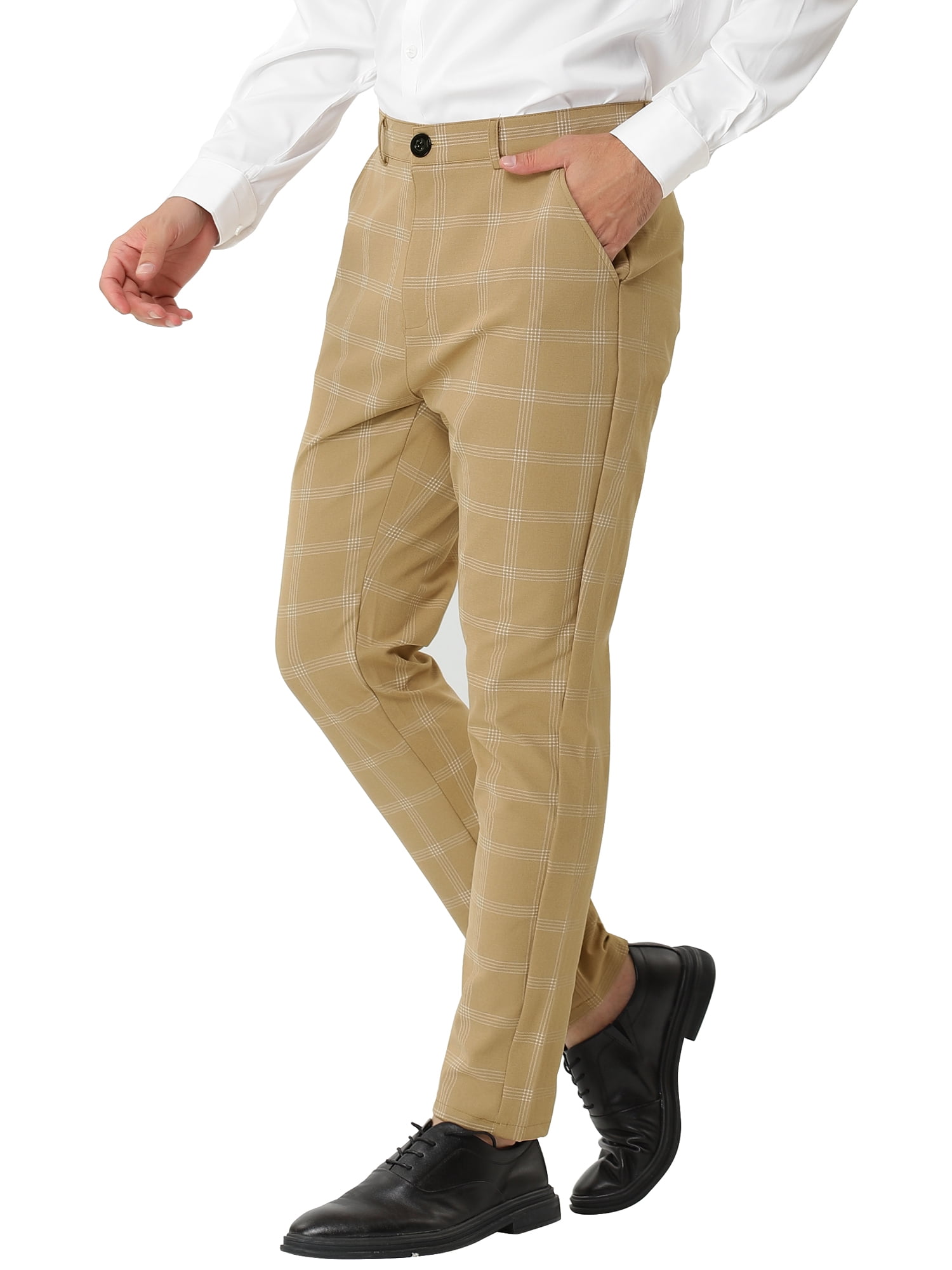 Unique Bargains Men's Plaid Pattern Slim Fit Flat Front Business Pants with Pockets 36 Khaki