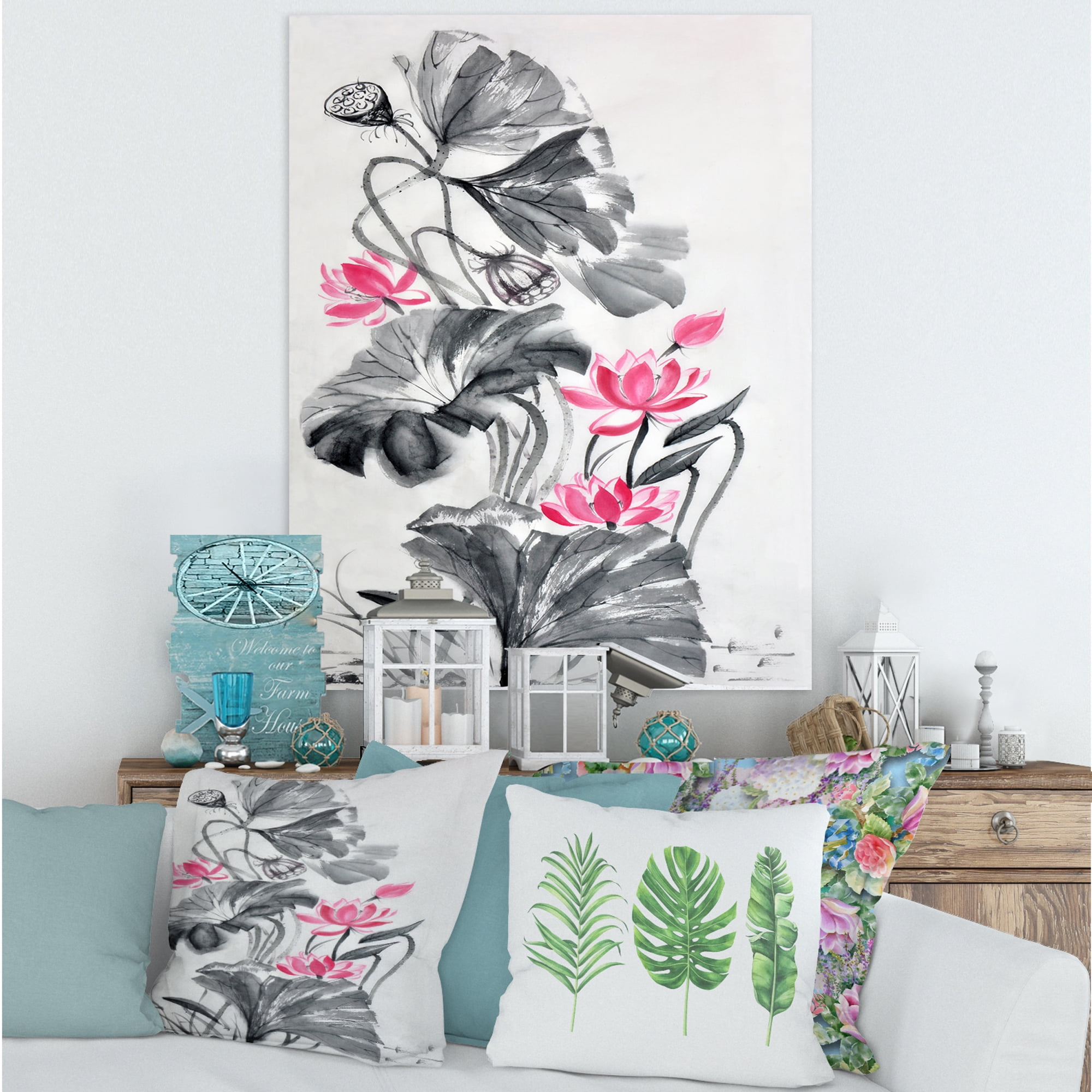 Designart ' Pink Vintage Lotus Flower and Monochrome Leaves ' Traditional Canvas Wall Art Print