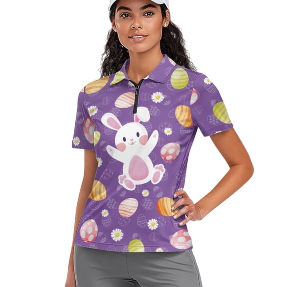 Whosucclay Rabbit Easter Egg Anti Fade Polo Shirts for Bowling Golf Outdoor, 1/4 Zip Women V Neck Golf Shirts Comfortable Polyester Golf Tops Size Large