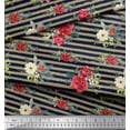 thumbnail image 2 of Soimoi Blue polyester Crepe Fabric Leaves,Stripe & Red Flower Stripe Printed Fabric 1 Yard 42 Inch Wide, 2 of 3