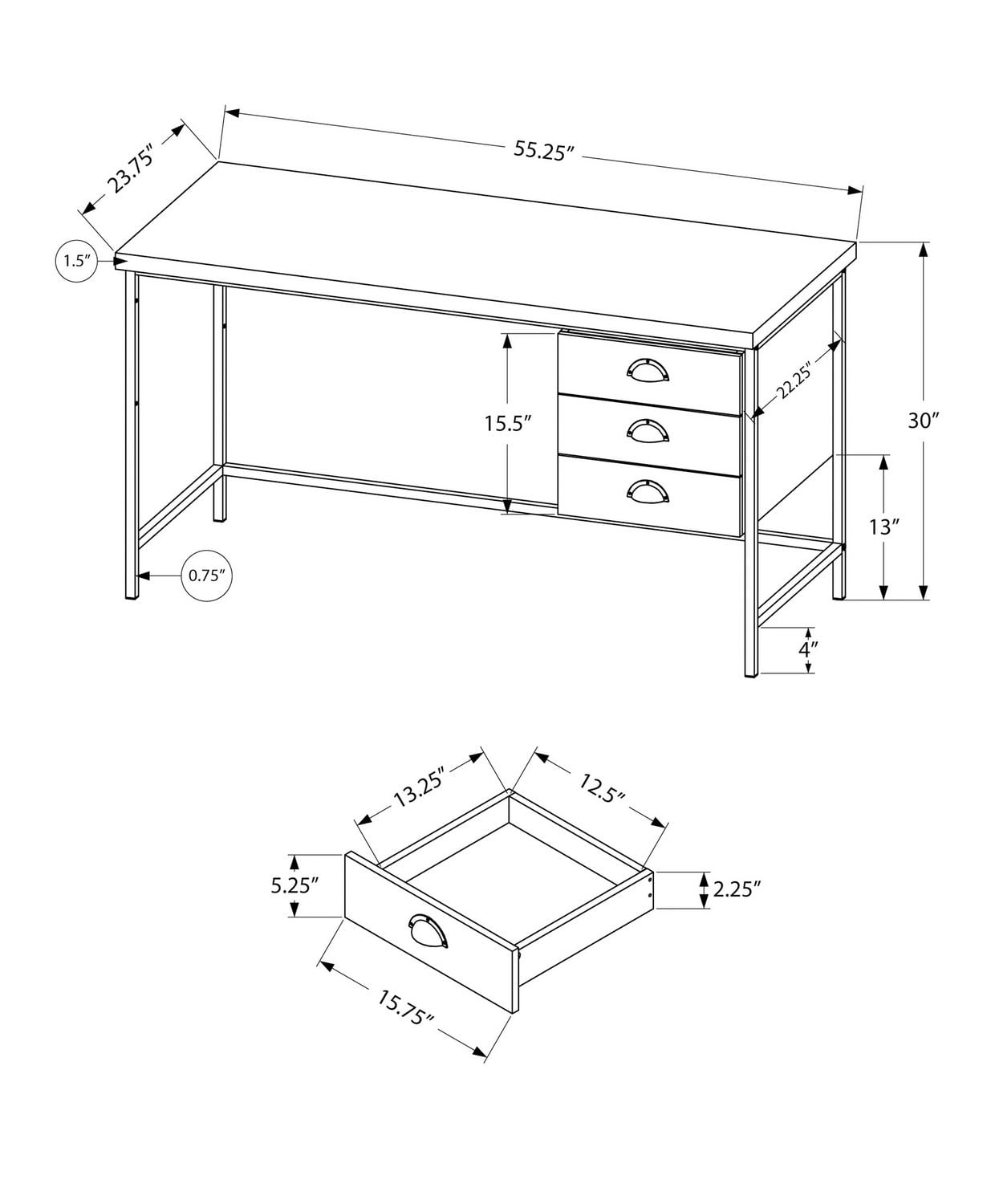 Monarch Specialties Computer Desk, Home Office, Laptop, Storage Drawers, 55"l, Work, Metal, Laminate, Brown, Black, Contemporary, Modern