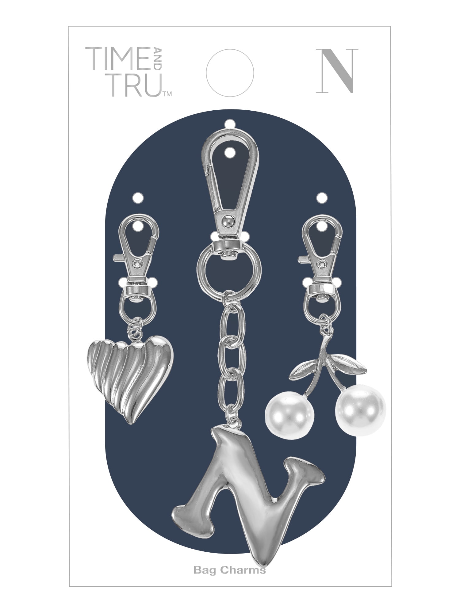 Time and Tru Silvertone Initial Letter Bag Charm Set, 3 Pieces, Letter N