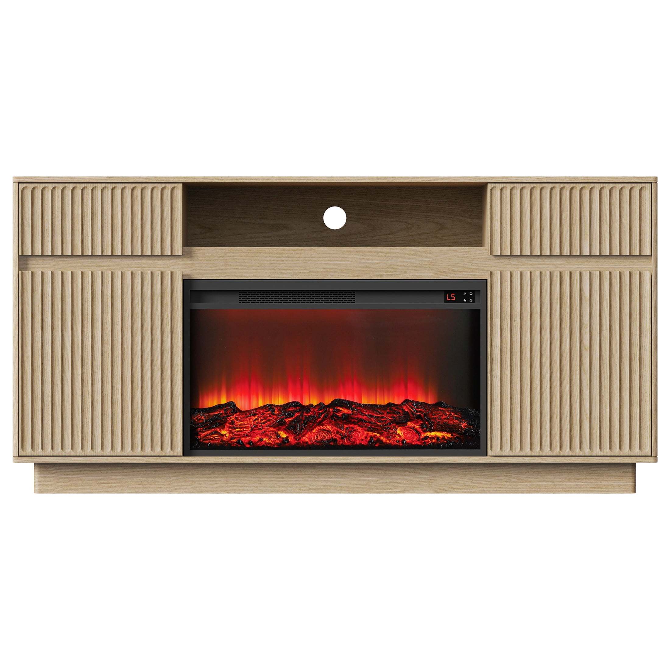 PAPROOS Fireplace TV Stand for 70 Inch TV, 64'' Wide Wood TV Cabinet with 30'' Electric Fireplace, Modern Fluted Entertainment Center TV Console Table for Living Room, Natural Oak