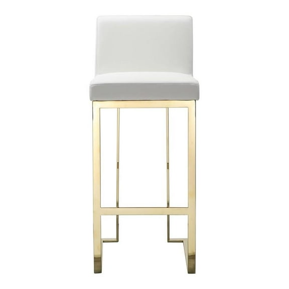 Pemberly Row 30" Faux Leather & Polished Steel Bar Stool in White/Gold