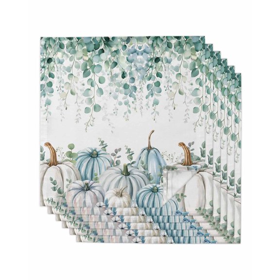 Green Grey Pumpkins Fall Cloth Napkins Set of 6 Reusable Dinner Napkins, Thanksgiving Eucalyptus Leaves Cocktail Napkin Washable Table Napkins for Wedding/Holiday Party/Baby Shower 20"x20"