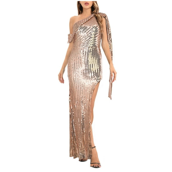 IROINNID Rollbacks Maxi Dress for Women Wedding Guest Birthday Dress Half Shoulder Sparkly Glitter Party Club Wrap Evening Formal Sequin Dress,Gold