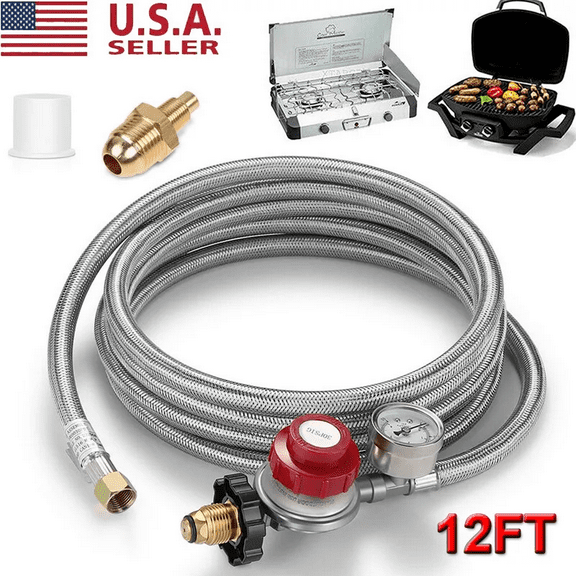 12ft High Pressure Adjustable Propane Gas Regulator w/ Stainless Hose &Indicator