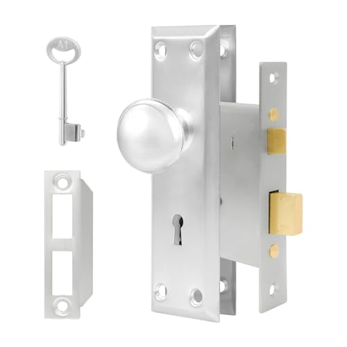 Vintage Door Knob with Lock for Interior Doors Brushed Nickel, Antique Brass 1 Pack Mortise Lock Set, Old Fashioned Bathroom & Bedroom with Skeleton Key for Old House Doors