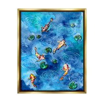 Koi Fish Ripples Pond Lilies Animals & Insects Painting Metallic Gold Framed Art Print Wall Art