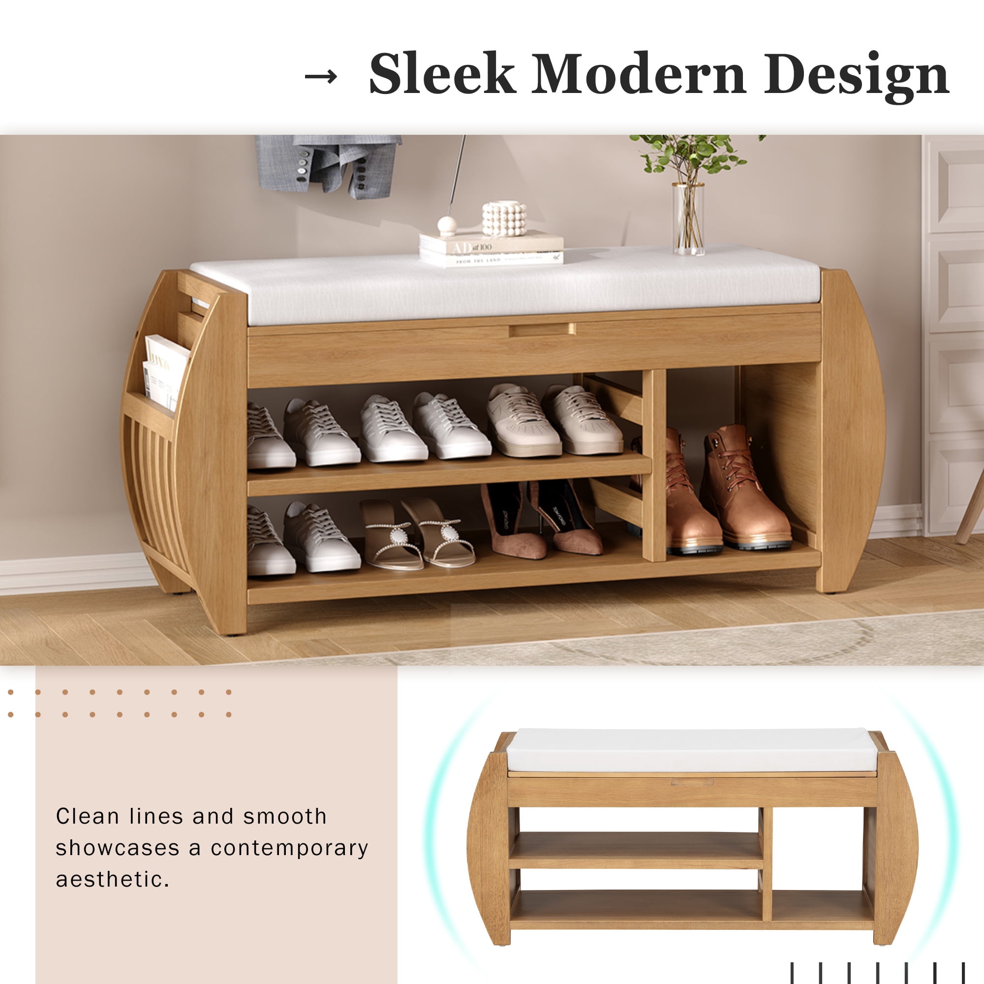MAYEERTY Shoe Storage Bench with Cushion and Curved Side, Retro Multifunctional Panel for Entryway, Natural