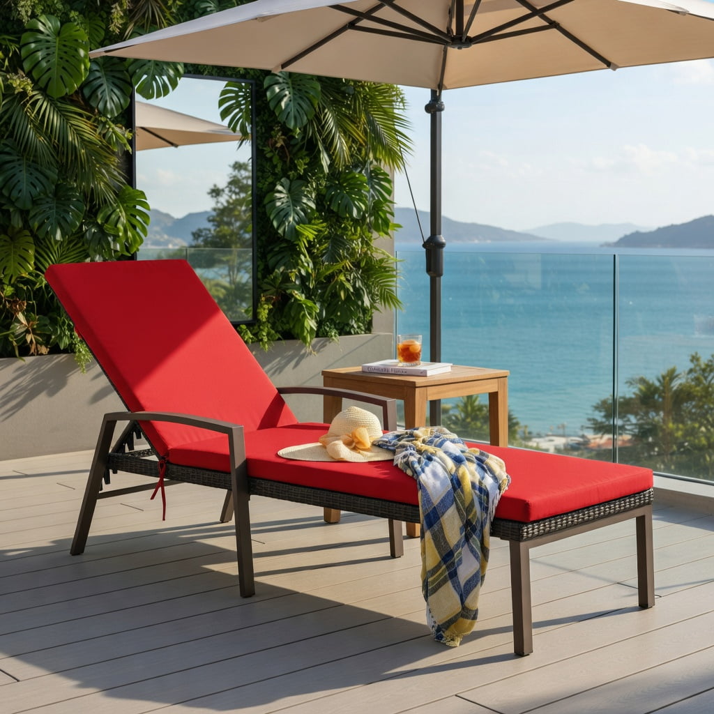 Hommoo Outdoor Rattan Chaise Lounge Chair with 5-Position Adjustable Backrest, Cushioned Patio Recliner, Weather-Resistant Steel Frame, Red
