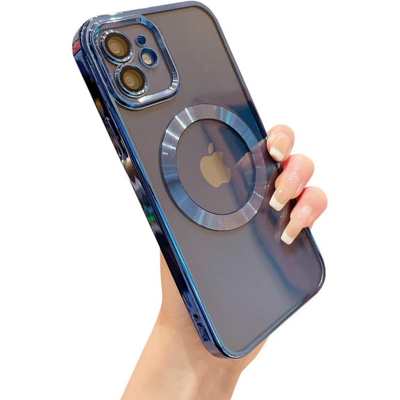 for iPhone 12 Case Magnetic Clear with Camera Lens Protector Full Protection MagSafe Electroplated Silicone Dust-Proof Net Shockproof Protective Case Cover 6.1 Inch - Blue