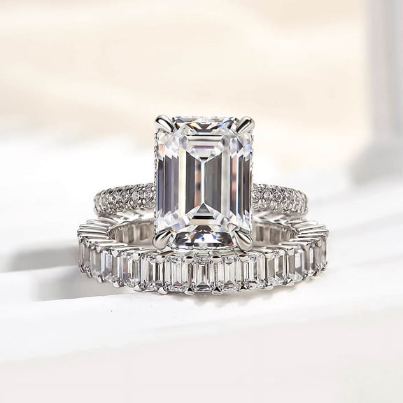 Veda Jewel 1.9 Ct Emerald Cut Lab Created Diamond Ring for Women's - 14K White Gold Plated Engagement Ring Set with Eternity Band - Hidden Halo Diamond Ring Set