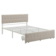 Queen Platform Bed Frame with Storage, Beige Linen Upholstered Metal Platform Bed with Headboard and Drawer, Modern Bedroom Furniture Queen Size Bed Frame, Holds 500 lbs, No Box Spring Needed, J3722