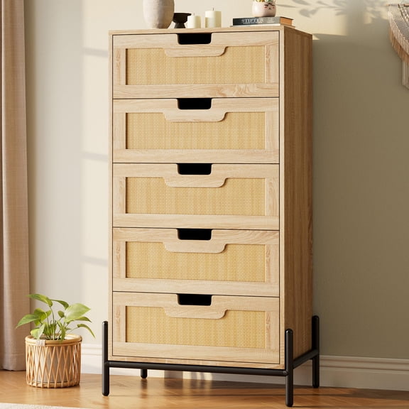 5-Drawer Dresser for Bedroom, Modern Farmhouse Rattan Wood Chest of Drawers, Rattan Fronts, Metal Handles, Clothes Organizer with Roomy Drawers