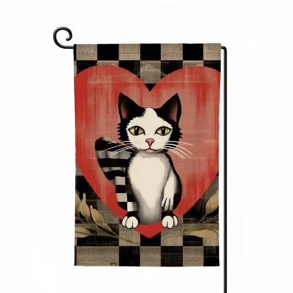 PHYHOO Welcome Valentines Day Cat Garden Flag Valentine Heart Garden Flag Double Sided Buffalo Plaid Farmhouse Yard Flag Anniversary Wedding Outdoor Decor White