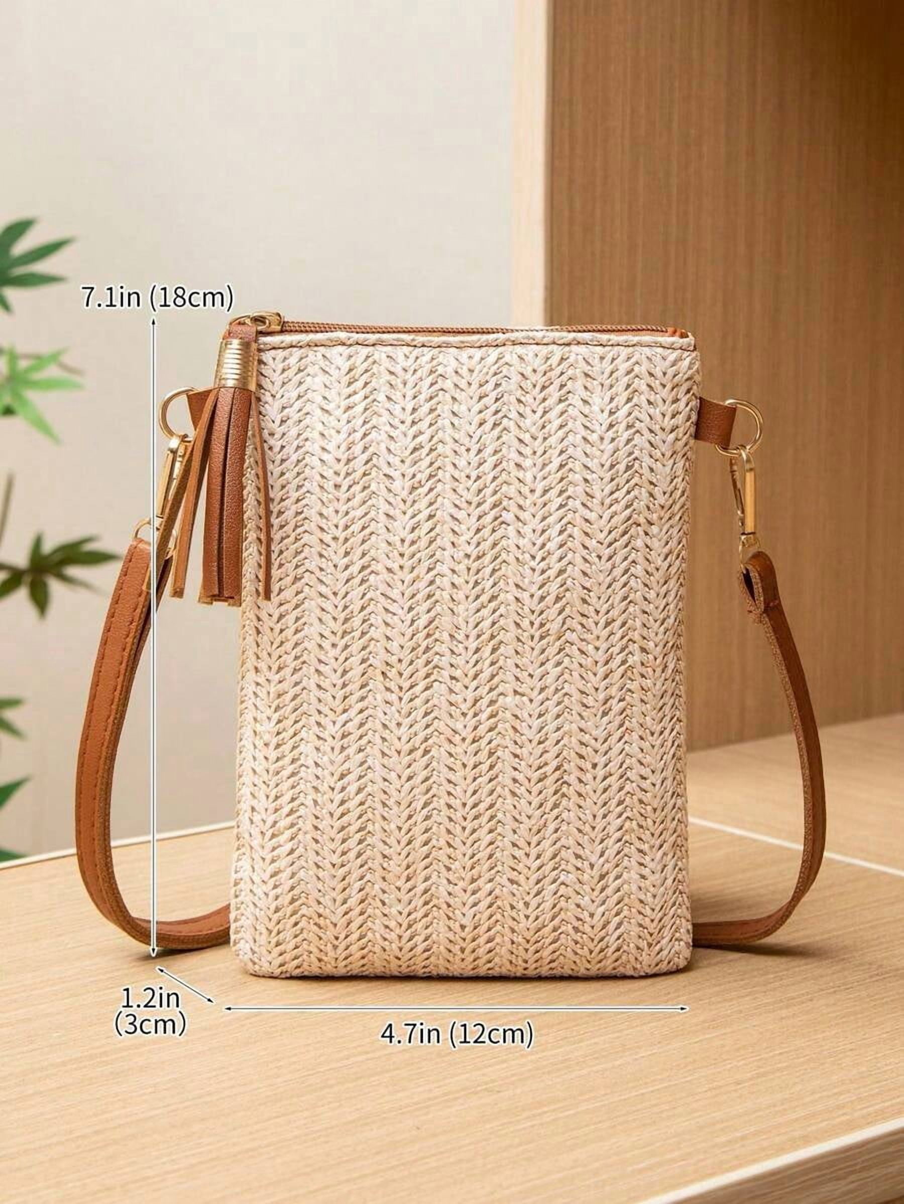Mini Crossbody Bag For Women, Handwoven Cross-Body Bag, Solid Color Portable Handbag, French Casual Tassel Decor Bag, Large Capacity Multi-Function Zipper Shoulder Strap Bag, Travel Shopping Bag