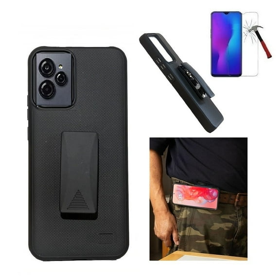 For BLU View Speed Ultra 5G Case, Black Shockproof 360-Degree Rotating Belt Clip Kickstand Case Cover  with Tempered Glass