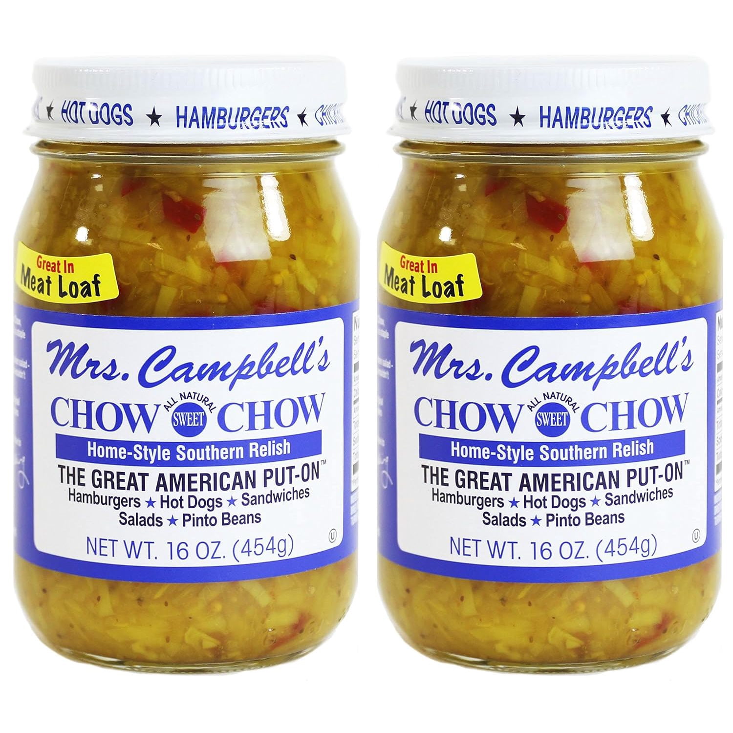 Mrs. Campbell's All Natural Sweet Southern Chow Chow Relish, 16 Oz Glass Jar (Pack of 2)