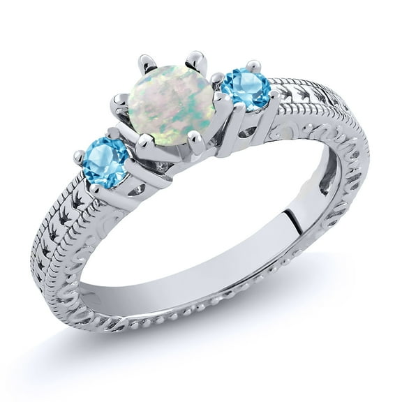 Gem Stone King 0.80 Ct Round Cabochon White Simulated Opal Swiss Blue Topaz 925 Sterling Silver Ring (Size 5)