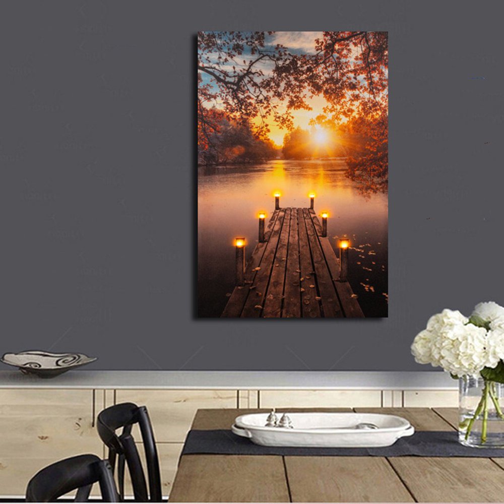 Frameless Lighting Effect HD Autumn Dock Scene Wall Home Decoration