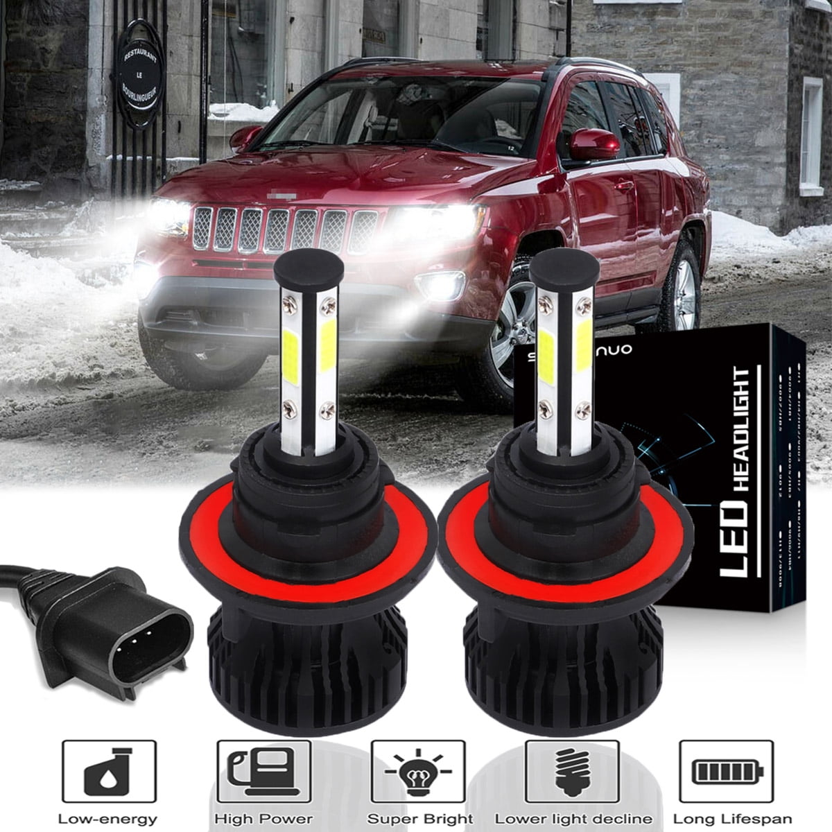4-Side 9008/H13 LED Headlight Bulbs for Jeep Wrangler 2007-2020 High/Low  Beam,2pc,SHENKENUO 
