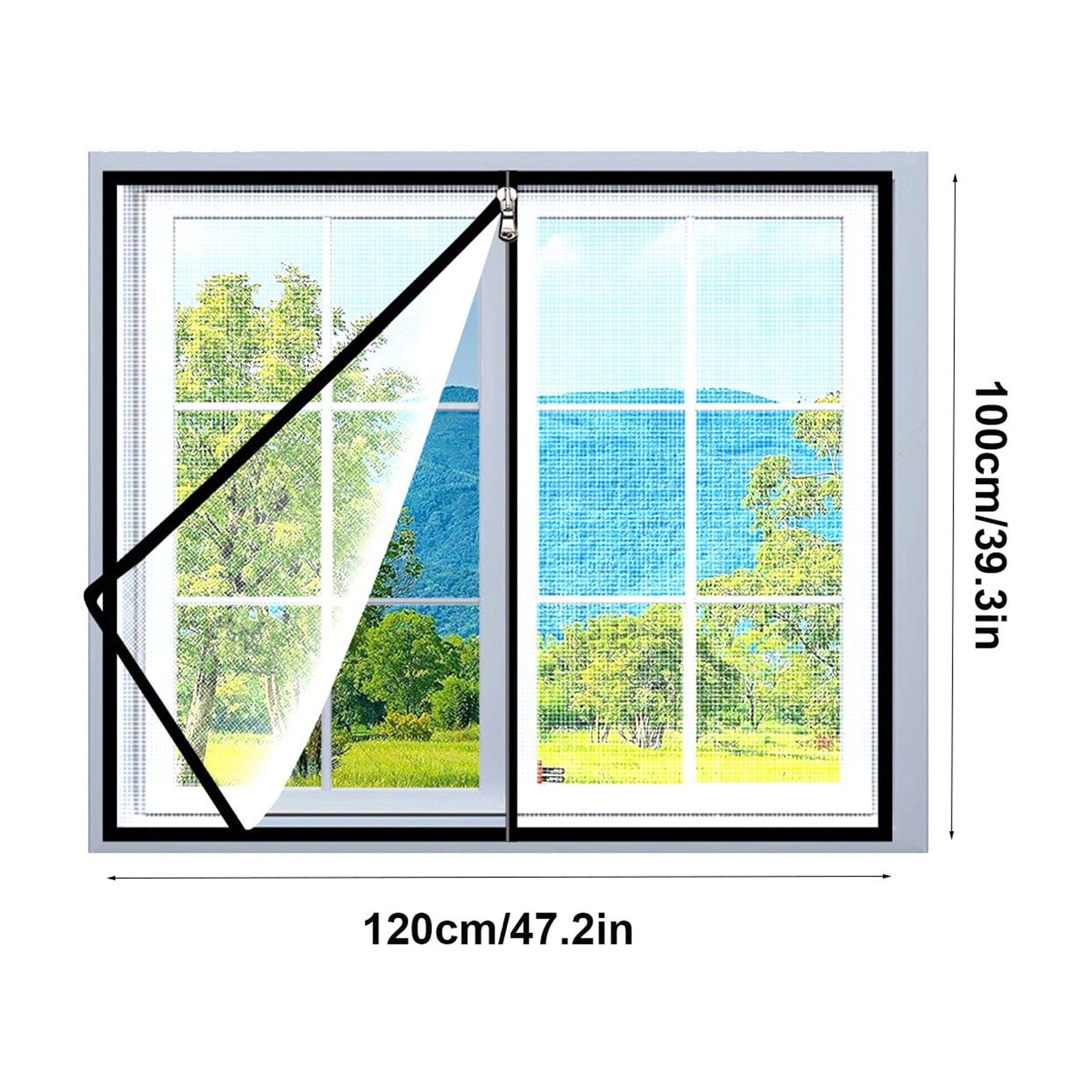 yulier Window Screen with Zipper, Adjustable Self-Adhesive Screen for House Window, Stainless Steel Wire Fine Mesh Insect Fly Screen, Black Frames White Mesh, 39x47 Inches