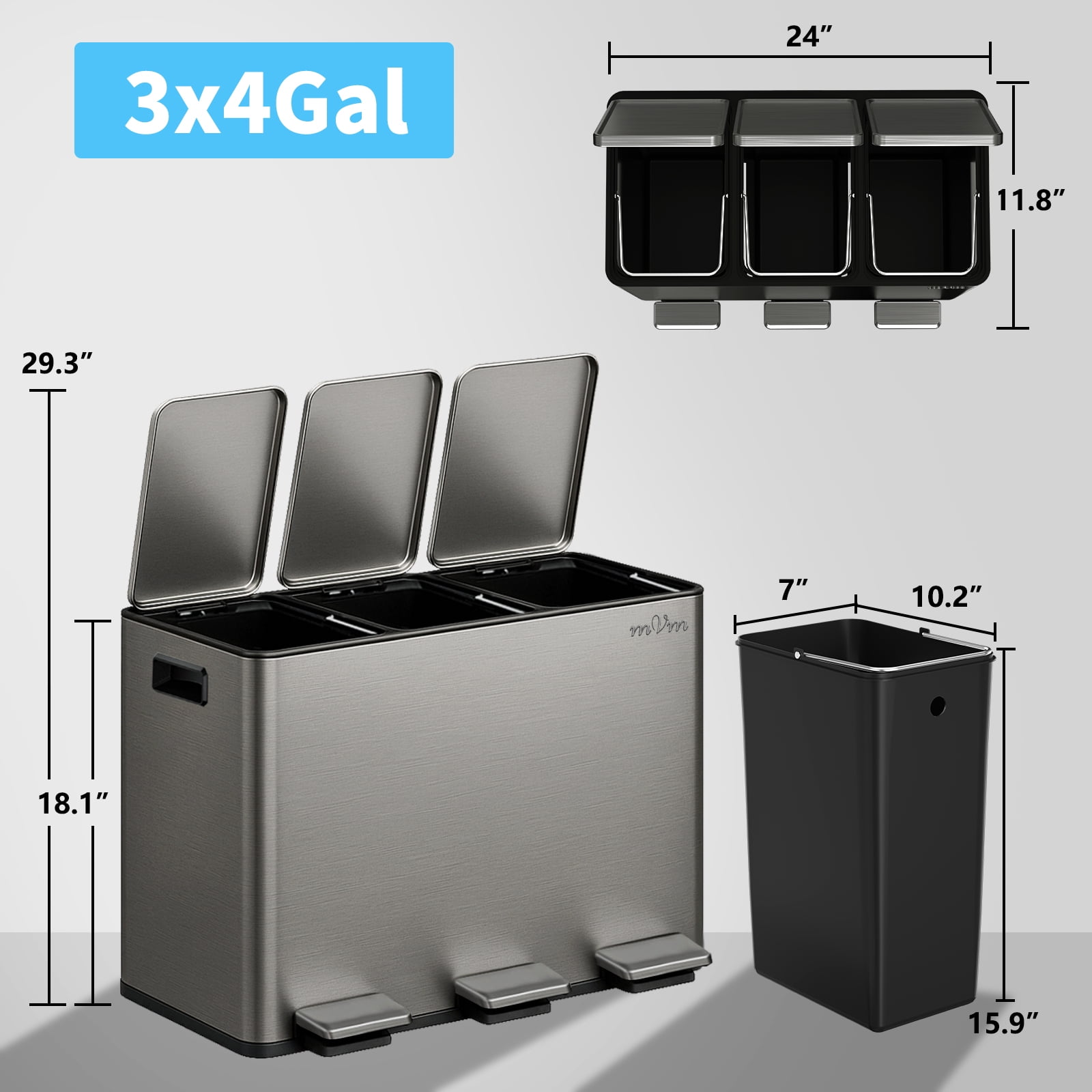 mVm 12 Gal 3 Compartment Trash Can, Triple Step Trash Can with Lid, Modern Kitchen Office Garbage Can（Gray）