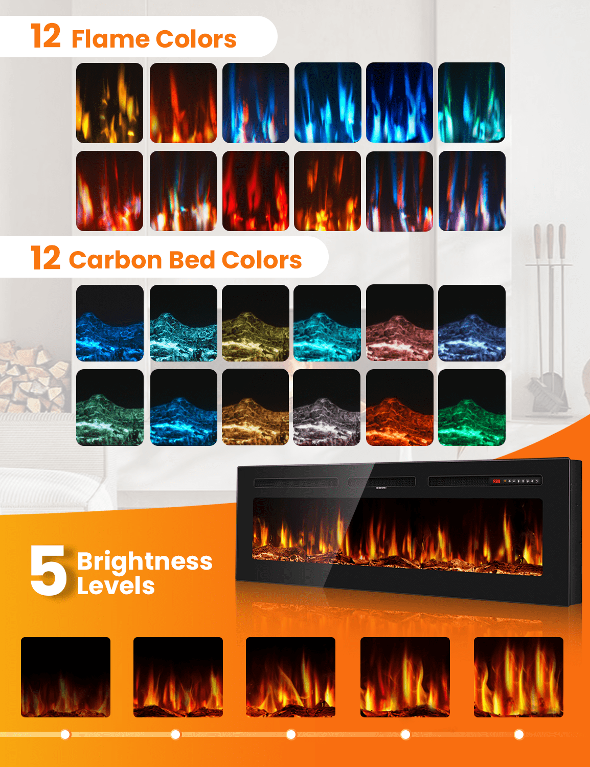 Patiosunny 50" WiFi Electric Fireplace, Freestanding/Inserts/Wall Mounted Fireplace Heater, 12 Flame Colours, with WiFi Remote Control&Smart App, 12H Timer, for Living Rooms and Bedrooms