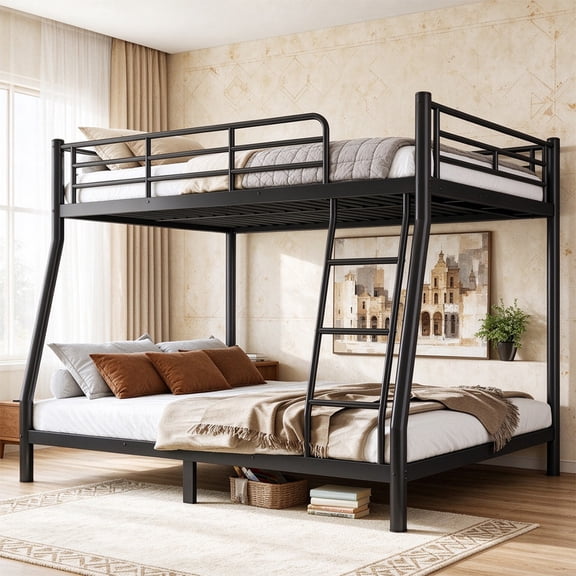 Bellemave Full XL over Queen Metal Bunk Bed with Stais & Storage, Heavy Duty Full over Queen Bunk Bed Frame with Metal Slats, Full Guardrails for Adults & Teens, No Box Spring Needed, Black