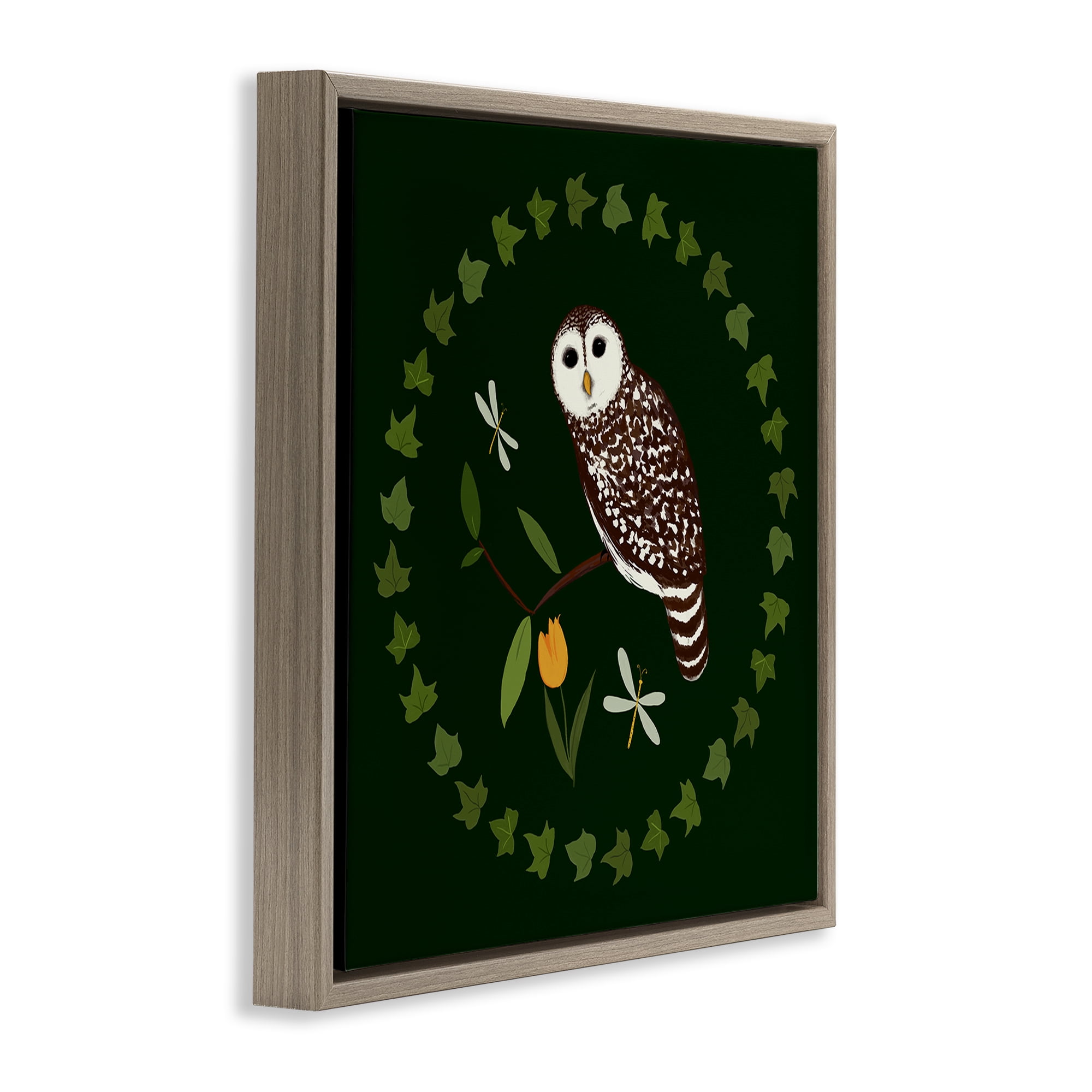 Stupell Industries Owl & Tulip Wreath Animals Painting Brown Floater Framed Canvas Art Print Wall Art, 18 x 18