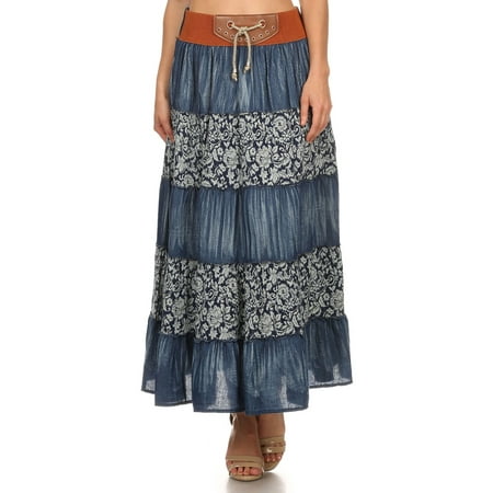 Flare Tiered, Denim and Floral Print Layers Skirt with a Banded Waist Tie