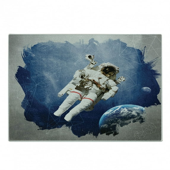 Outer Space Cutting Board, Astronaut on the Grunge Half Done with Geometric Brushstroke SciFi Modern Art, Decorative Tempered Glass Cutting and Serving Board, Small Size, Blue Beige, by Ambesonne