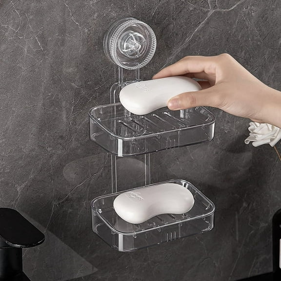 Suction Cup Soap Dish - Clear Suction Soap Holder for Shower, Double Layer Wall Mounted NO-Drilling Self Draining Removable Waterproof Soap Sponge Holder for Shower Bathroom Kitchen