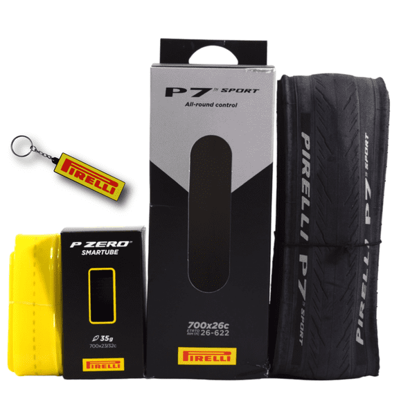 Pirelli P7 Sport 26-622 (700x26c) Road Bike Tire & SmarTUBE 25/28-622 700C Presta Tube Set -  All-Round Performance - 60tpi TechBELT Casing & Pro Compound for Comfort & Handling w/Keychain