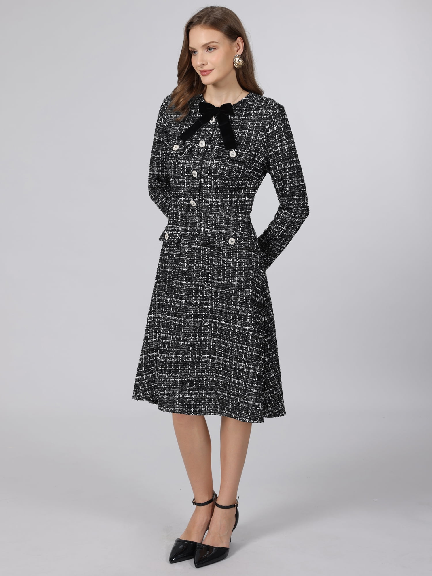 DARING DIVA Women's Tweed Long Sleeves Crew Neck A-Line Design Dress L Black