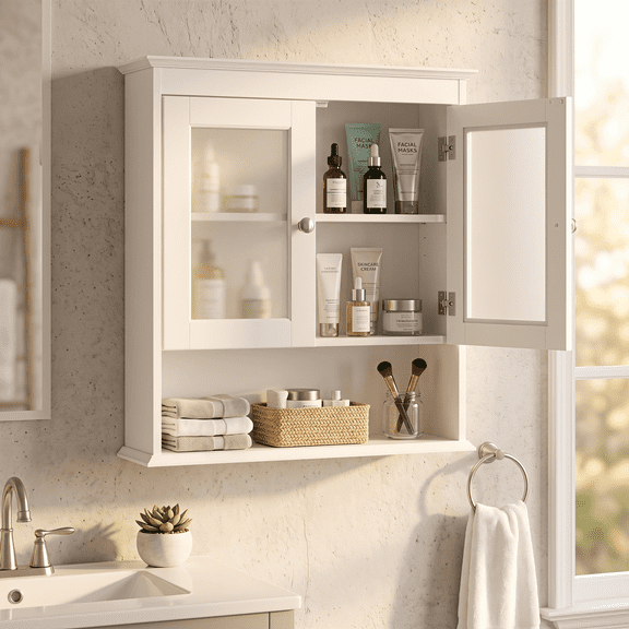 PAWON Bathroom Wall Cabinet with Frosted Glass Doors, Hanging Medicine Cabinet, White
