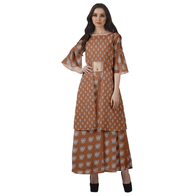 Moomaya Printed High Low Crop Top Kurti Palazzo Set Ethnic Indian Clothing Set For Womens
