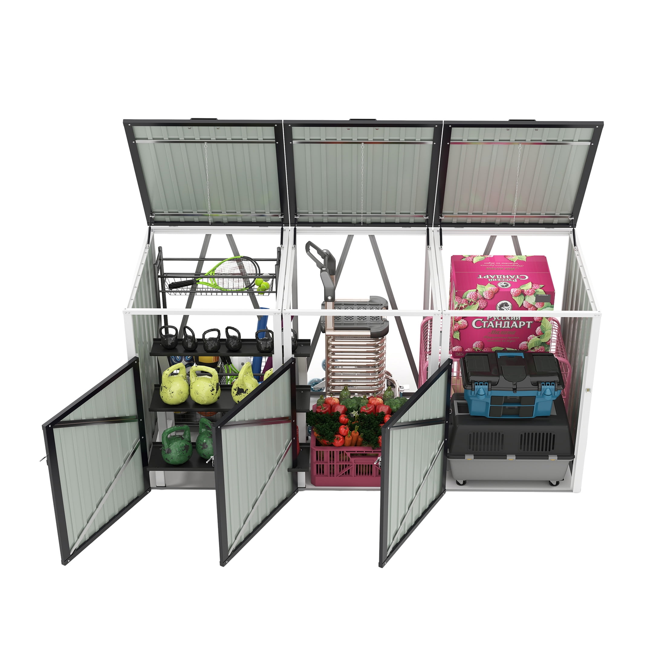 Noble House Outdoor Garbage Bin Shed for 3 Trash Cans, Lockable Galvanized Steel Garbage Bin Enclosure, Dark Gray