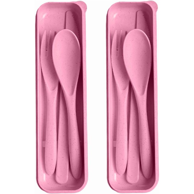 Shiyou-Ensemble d'Ustensiles Roses de Voyage avec Étui, 2 Ensembles d'Ustensiles Réutilisables avec Étui, Ustensiles en Paille de Blé pour Accessoires de Boîte à Lunch, Ustensiles de Camping pour Travail Ou Usage Quotidien (Rose)